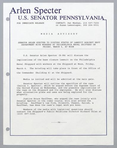 Senator Arlen Specter to discuss status of lawsuit against Navy Department with workers at Philadelphia Naval Shipyard on Friday, March 4