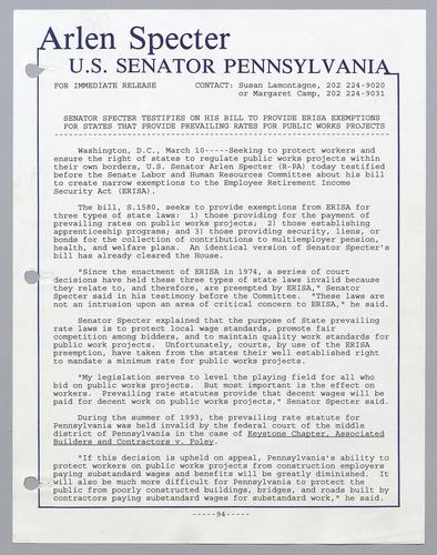 Senator Specter testifies on his bill to provide ERISA exemption for state that provide prevailing rates for public works projects