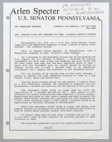 Senator Specter give GOP response to President Clinton's weekly address