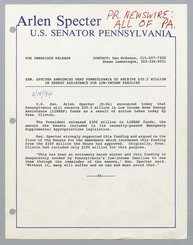 Senator Specter announces that Pennsylvania to receive $20.5 million in energy assistance for low-income families