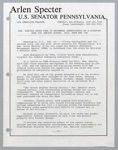 Senator Specter urges FEMA to recommend Pennsylvania as a disaster area for January quakes, cold, snow, and ice