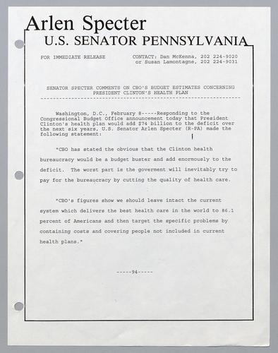 Senator Specter comments on CBO's budget estimates concerning President Clinton's health plan