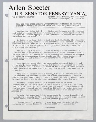 Senator Specter urges Senate Appropriations Committee to provide emergency funding to Pennsylvania for January quakes and cold
