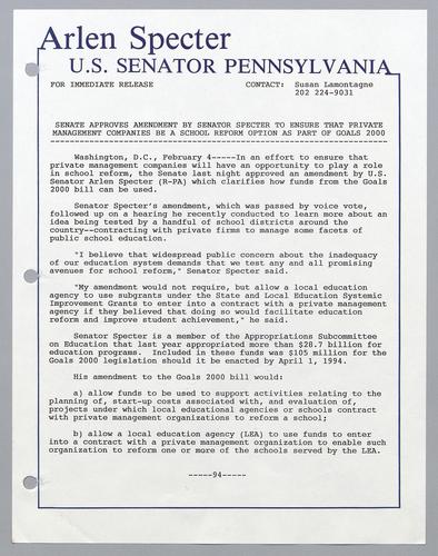 Senate approves amendment by Senator Specter to ensure that private management companies be a school reform option as part of Goals 2000