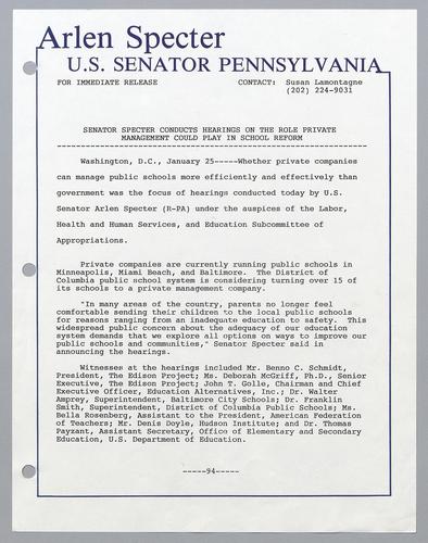 Senator Specter conducts hearings on the role private management could play in school reform