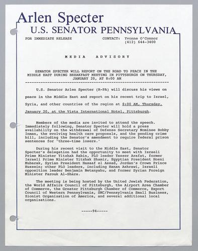Senator Specter will report on the road to peace in the Middle East during breakfast meeting in Pittsburgh, on Thursday, January 20, at 8:00 am