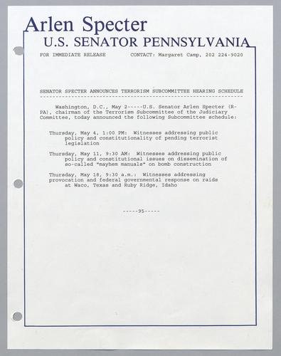 Senator Specter announces terrorism subcommittee hearing schedule
