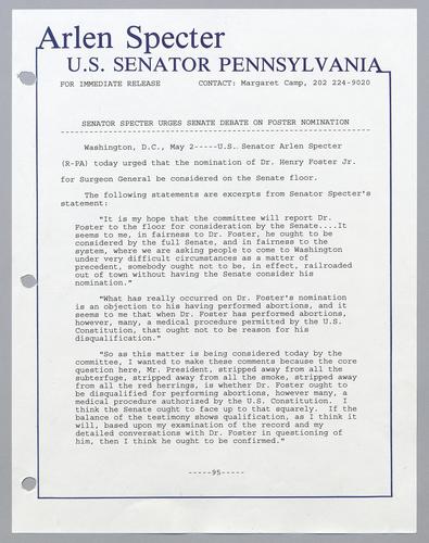 Senator Specter urges Senate debate on Foster nomination