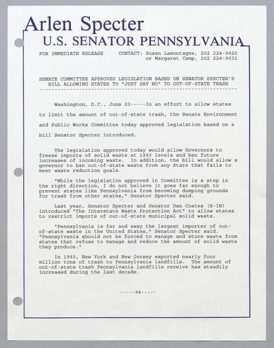 Senate committee approves legislation based on Senator Specter's bill allowing state to "just say no" to out-of-state trash