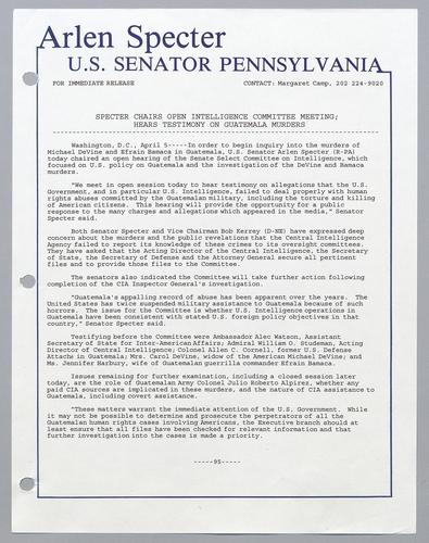 Specter chairs open intelligence committee meeting; hears testimony on Guatemala murders