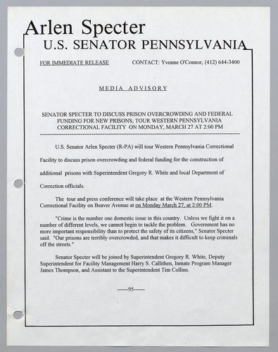 Senator Specter to discuss prison overcrowding and federal funding for new prisons at western Pennsylvania correctional facility