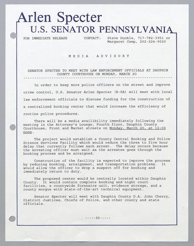 Senator Specter to meet with law enforcement officials at Dauphin County Courthouse on Monday, March 20