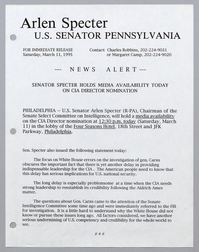 Senator Specter holds media availability today on CIA director nomination