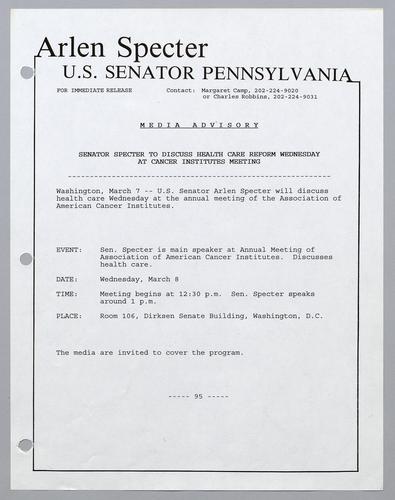 Senator Specter to discuss health care reform Wednesday at cancer institute's meeting