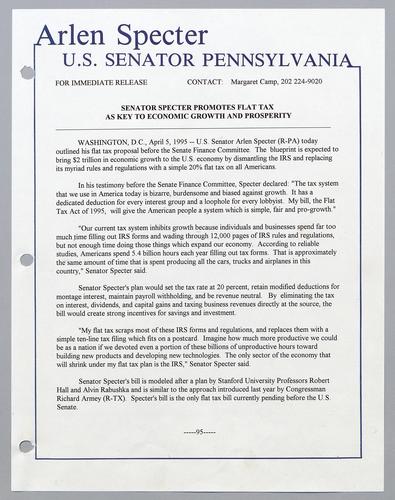 Senator Specter promotes flat tax as key to economic growth and prosperity