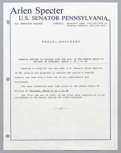 Senator Specter to discuss flat tax bill in the Senate radio-TV gallery on Thursday, March 2, at 1:30 pm