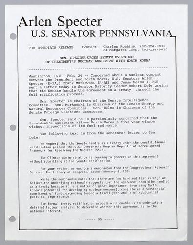 Senator Specter urges Senate oversight of President's nuclear agreement with North Korea