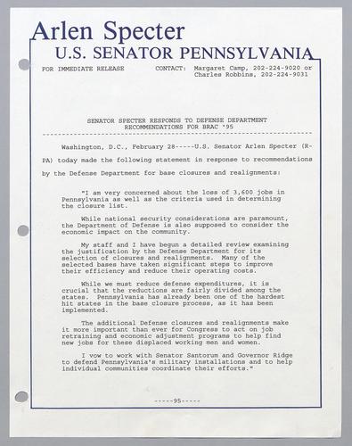 Senator Specter responds to Defense Department recommendations for BRAC 1995