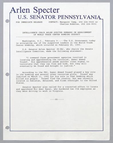 Intelligence Chair Arlen Specter remarks on arraignment of World Trade Center bombing suspect