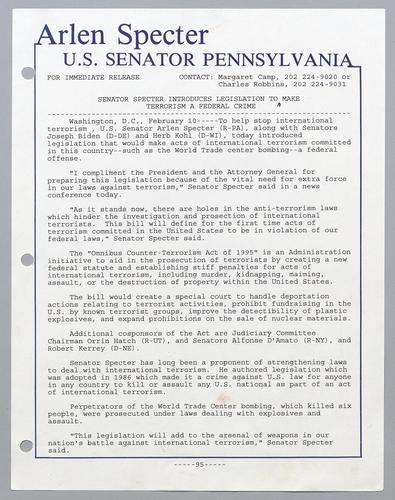 Senator Specter introduces legislation to make terrorism a federal crime