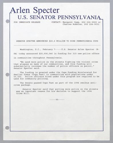 Senator Specter announces $20.6 million to hire Pennsylvania cops