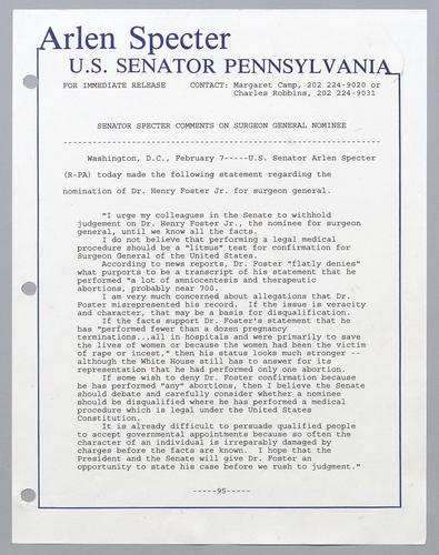 Senator Specter comments on surgeon general nominee