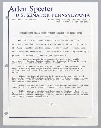 Intelligence Chair Arlen Specter reduces committee staff