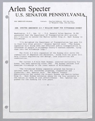 Senator Specter announces $13.7 million grant for Pittsburgh busway