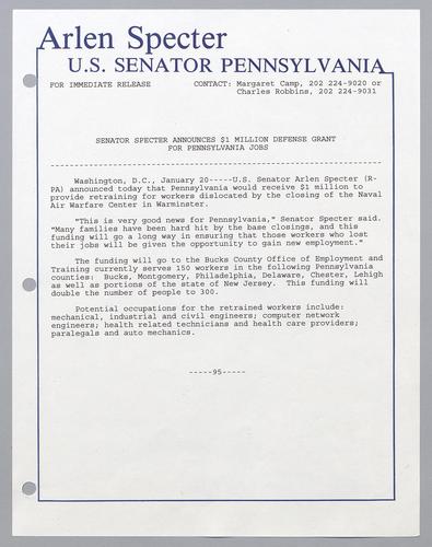 Senator Specter announces $1 million defense grant for Pennsylvania jobs