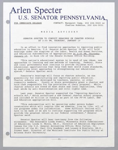 Senator Specter to conduct hearings on charter schools at 2:00 pm, Thursday, January 19