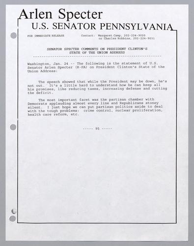 Senator Specter comments on President Clinton's State of the Union Address