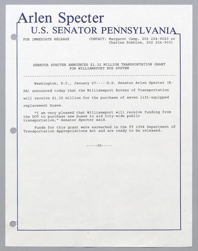 Senator Specter announces $1.32 million transportation grant for Williamsport bus system