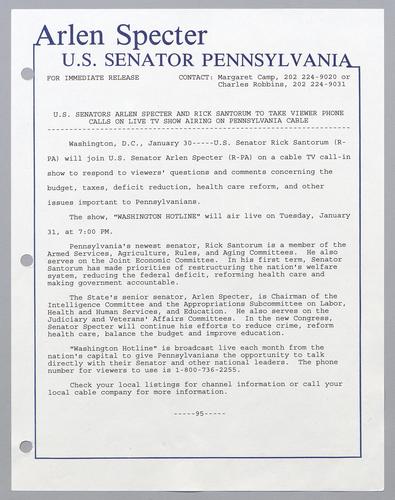 U.S. Senators Arlen Specter and Rick Santorum to take viewer phone calls on live TV show airing on Pennsylvania cable