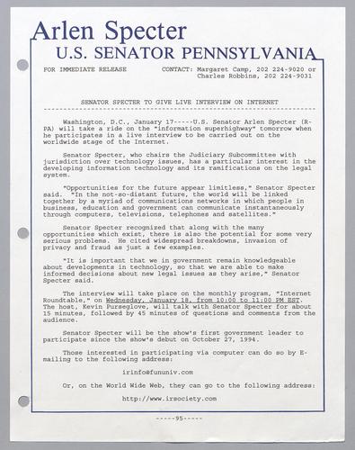 Senator Specter to give live interview on internet