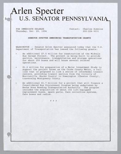 Senator Specter announces transportation grants