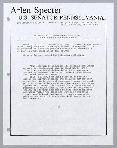 Specter calls empowerment zone grants "great news" for Pennsylvania