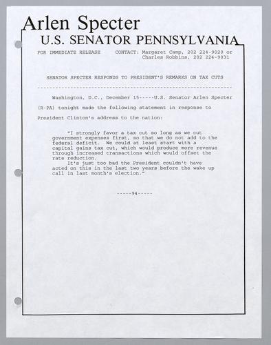 Senator Specter responds to President's remarks on tax cuts