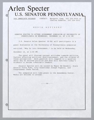 Senator Specter to attend government symposium at University of Pennsylvania on Wednesday, December 14, at 2:00 pm