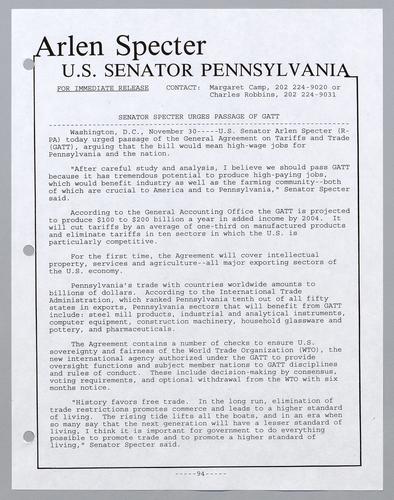 Senator Specter urges passage of GATT