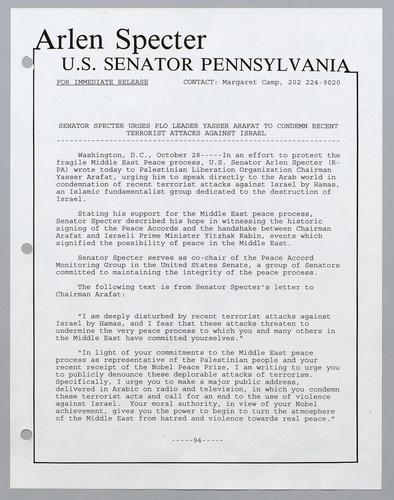 Senator Specter urges PLO leader Yasser Arafat to condemn recent terrorist attacks against Israel