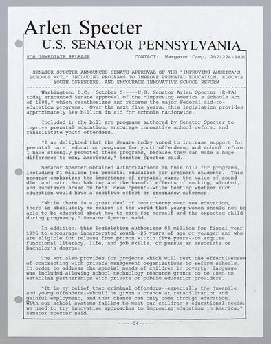Senator Specter announces Senate approval of the "Improving America's Schools Act," including programs to improve prenatal education, educate youth offenders, and encourage innovative school reform