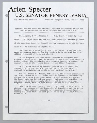 Senator Specter receives National Security Leadership Award for voting record on issues of defense and foreign policy