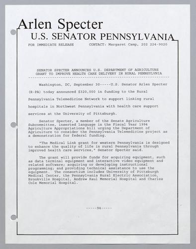 Senator Specter announces U.S. Department of Agriculture grant to improve health care delivery in rural Pennsylvania