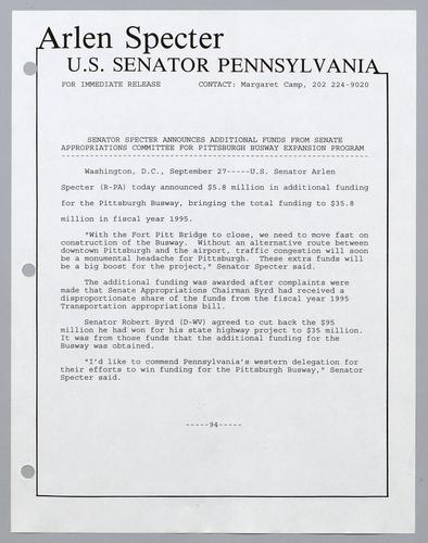 Senator Specter announces additional funds from Senate Appropriations Committee for Pittsburgh busway expansion program