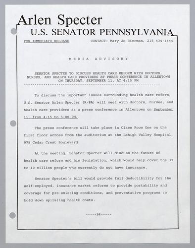 Senator Specter to discuss health care reform with doctors, nurses, and health care providers at press conference in Allentown on Thursday, September 11, at 4:15 pm