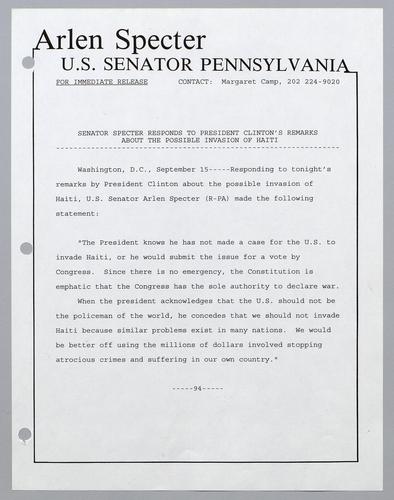 Senator Specter responds to President Clinton's remarks about the possible invasion of Haiti