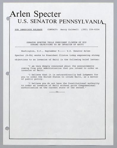 Senator Specter tells President Clinton on his strong objections to an invasion of Haiti