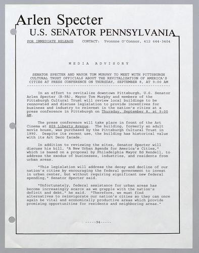 Senator Specter and Mayor Tom Murphy to meet with Pittsburgh Cultural Trust officials about the revitalization of America's cities at press conference on Thursday, September 8, at 9:00 am