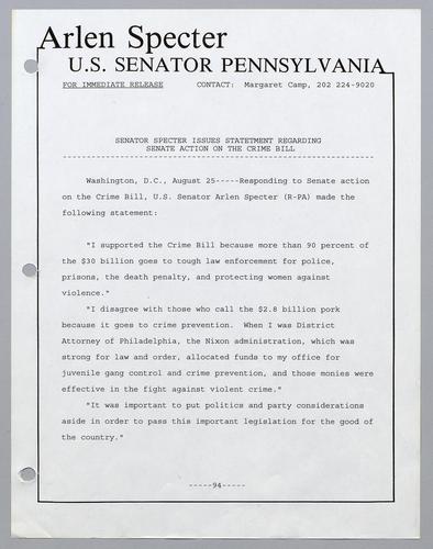 Senator Specter issues statement regarding Senate action on the crime bill