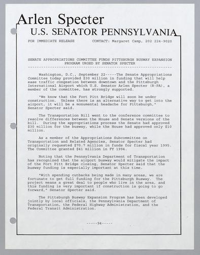 Senate Appropriations Committee funds Pittsburgh busway expansion program urged by Senator Specter